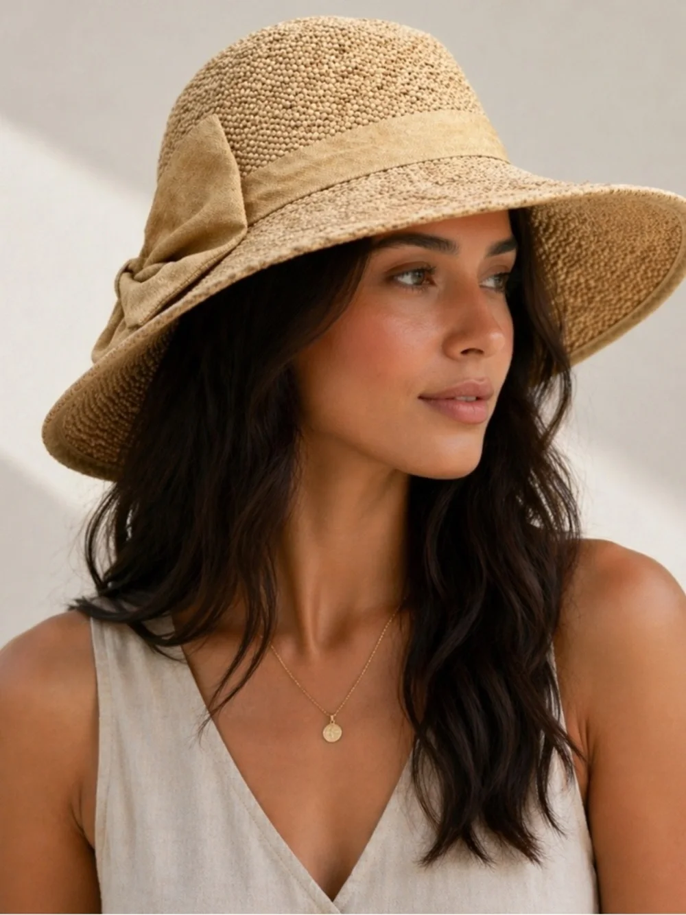 283. Women’s Adjustable Wide-Brim Sun Hat with Bow - Tan